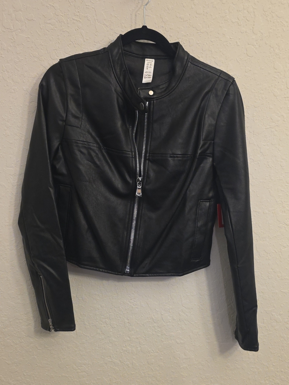 SPANX Black Faux Leather Moto Jacket with Silver Hardware